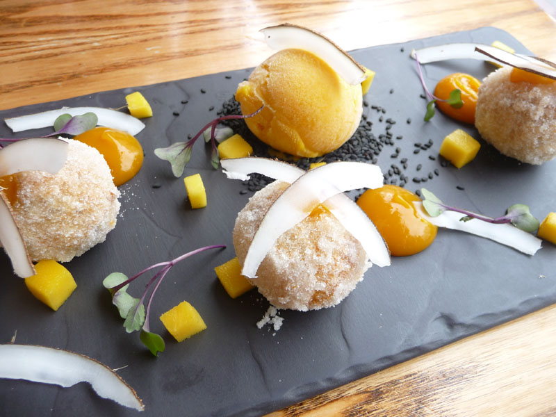 Mango and coconut ice cream platter.